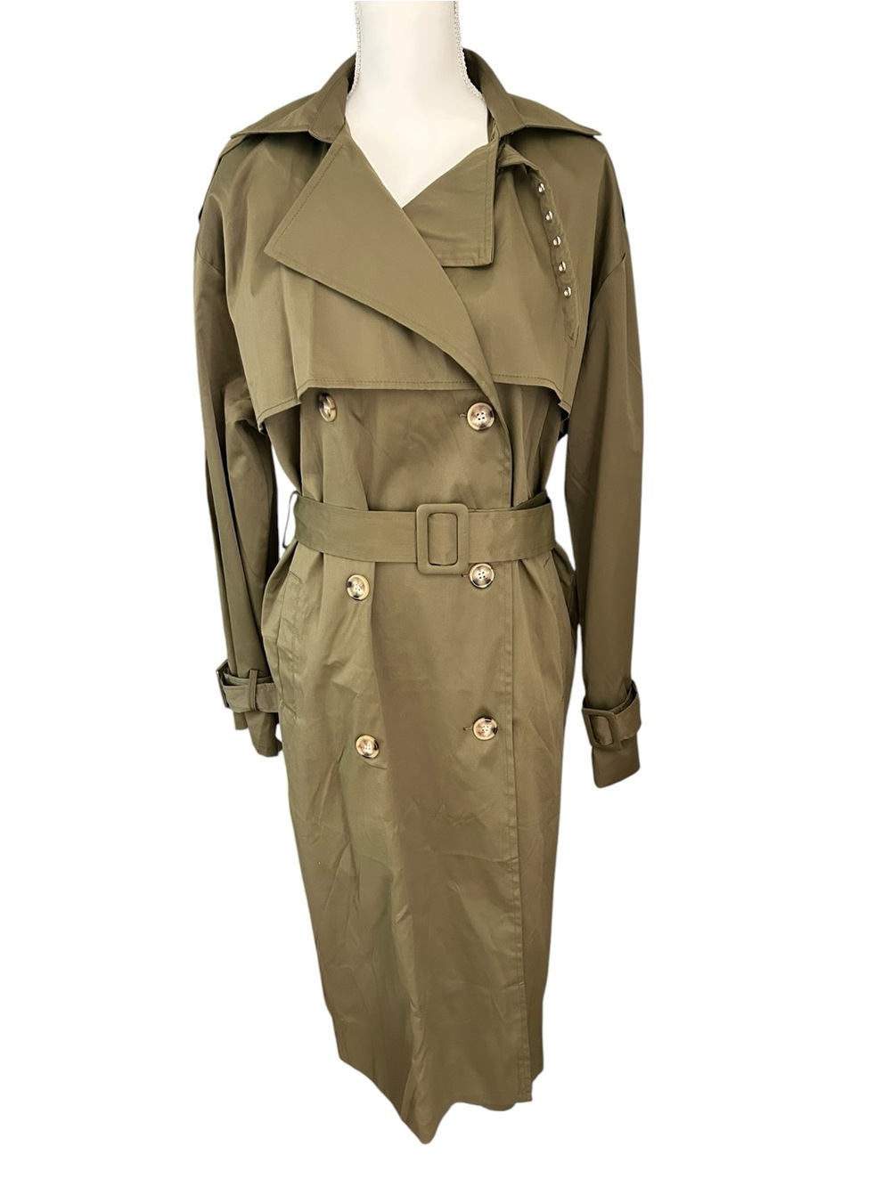 PrettyLittleThing Belted Midi Olive Green Double-Breasted Trench Coat SZ 2 NWT